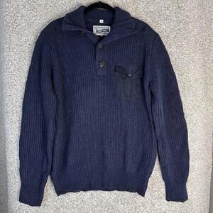 Schott Bros Sweater Mens L Blue Wool Blend Knit Pullover Elbow Patches Pocket